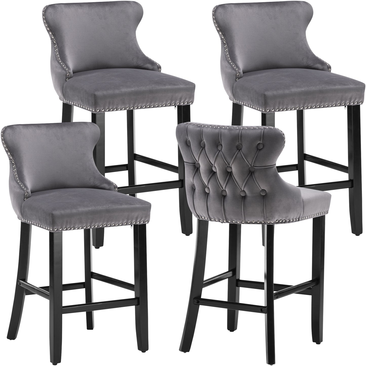 Velvet Barstools Set of 4, Contemporary Wing-Back Bar Chairs with Button Tufted and Chrome Nailhead Trim, Leisure Upholstered Bar Height Bar Stools with Wooden Legs, Beige