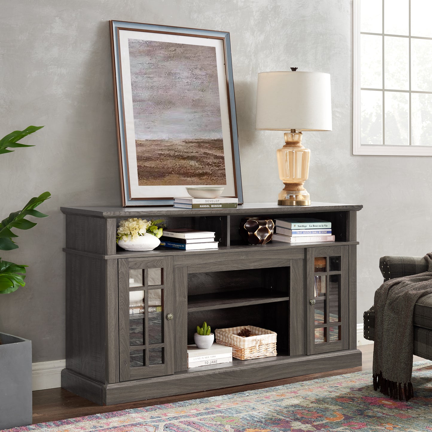 LegaHome Farmhouse TV Stand, Modern Entertainment Door TV Cabinet for 65 Inch TV, Wooden TV Console Table with Open and Closed Storage Space, Media Console Table for Living Room, Gray Wash