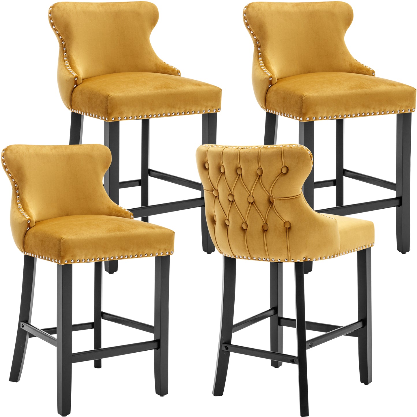 Velvet Barstools Set of 4, Contemporary Wing-Back Bar Chairs with Button Tufted and Chrome Nailhead Trim, Leisure Upholstered Bar Height Bar Stools with Wooden Legs, Beige