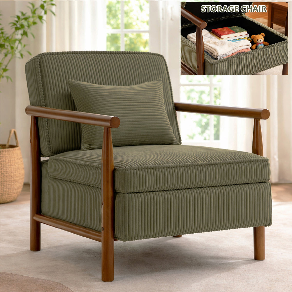 Accent Chair with Hidden Storage, LEGAHOME Antique Green Modern Arm Chair for Living Room, Comfy Corduroy Reading Armchair for Bedroom, with Solid Wood Leg for 250lbs Weight Capacity