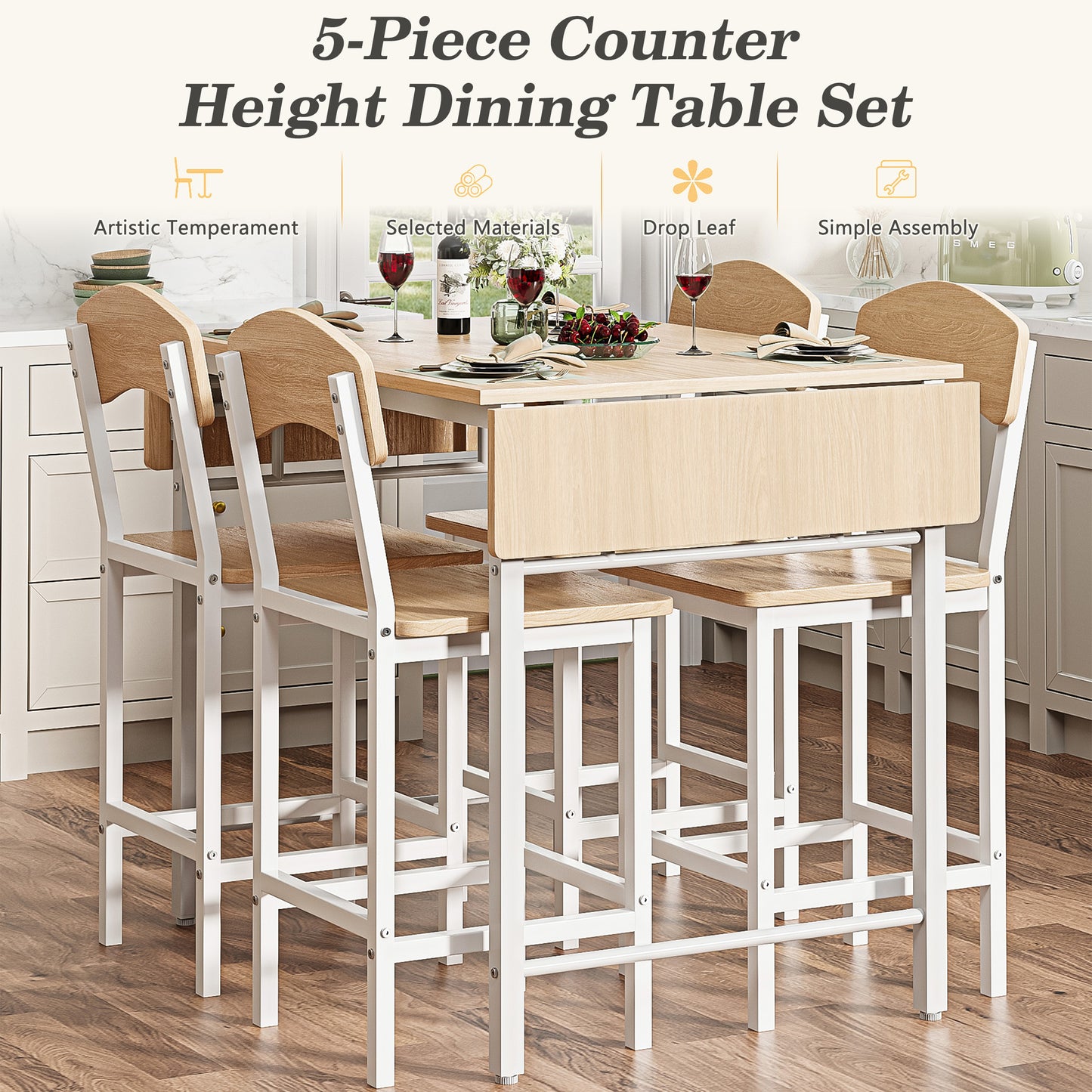 Dining Table Set for 4, Drop Leaf Pub Table and Dining Chair Set, Counter Height Table Set of 5, Kitchen Table Set with Stools for Kitchen Apartment Bistro, Beige