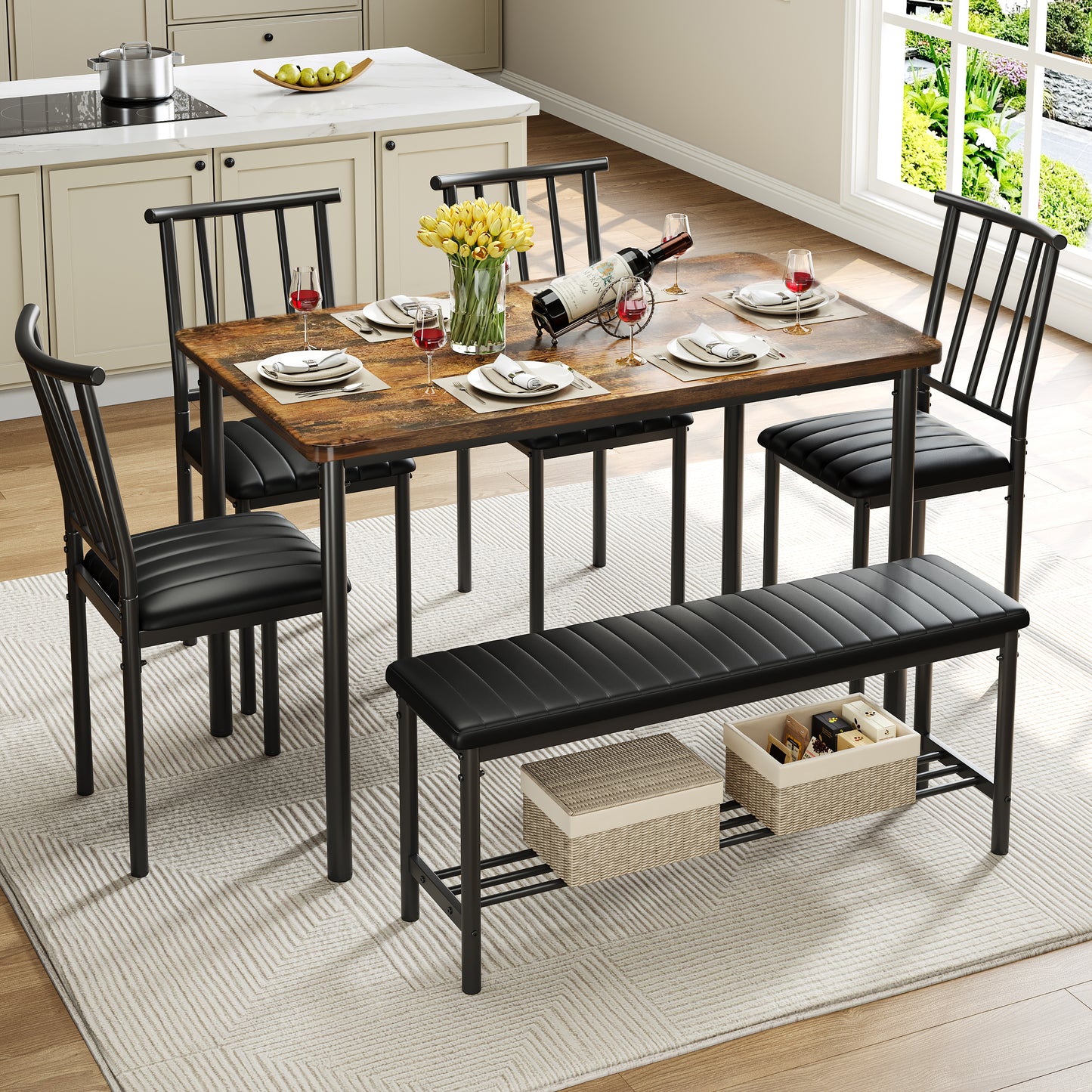 Dining Table Set for 6, Modern Faux Marble Dining Room Table Sets with 4 Leatherette Chairs&1 Bench, Rectangular Kitchen Table and Chairs Set for Apartment, Space Saves Gray Table and Leather Chairs