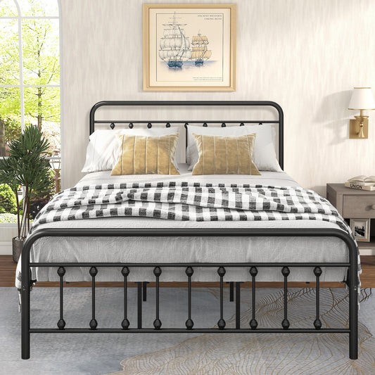 BTMWAY Queen Bed Frame, Metal Platform Bed Frame with Victorian Vintage Headboard and Footboard, Queen Platform Bed for Teens Adults, 450lbs Capacity, Black