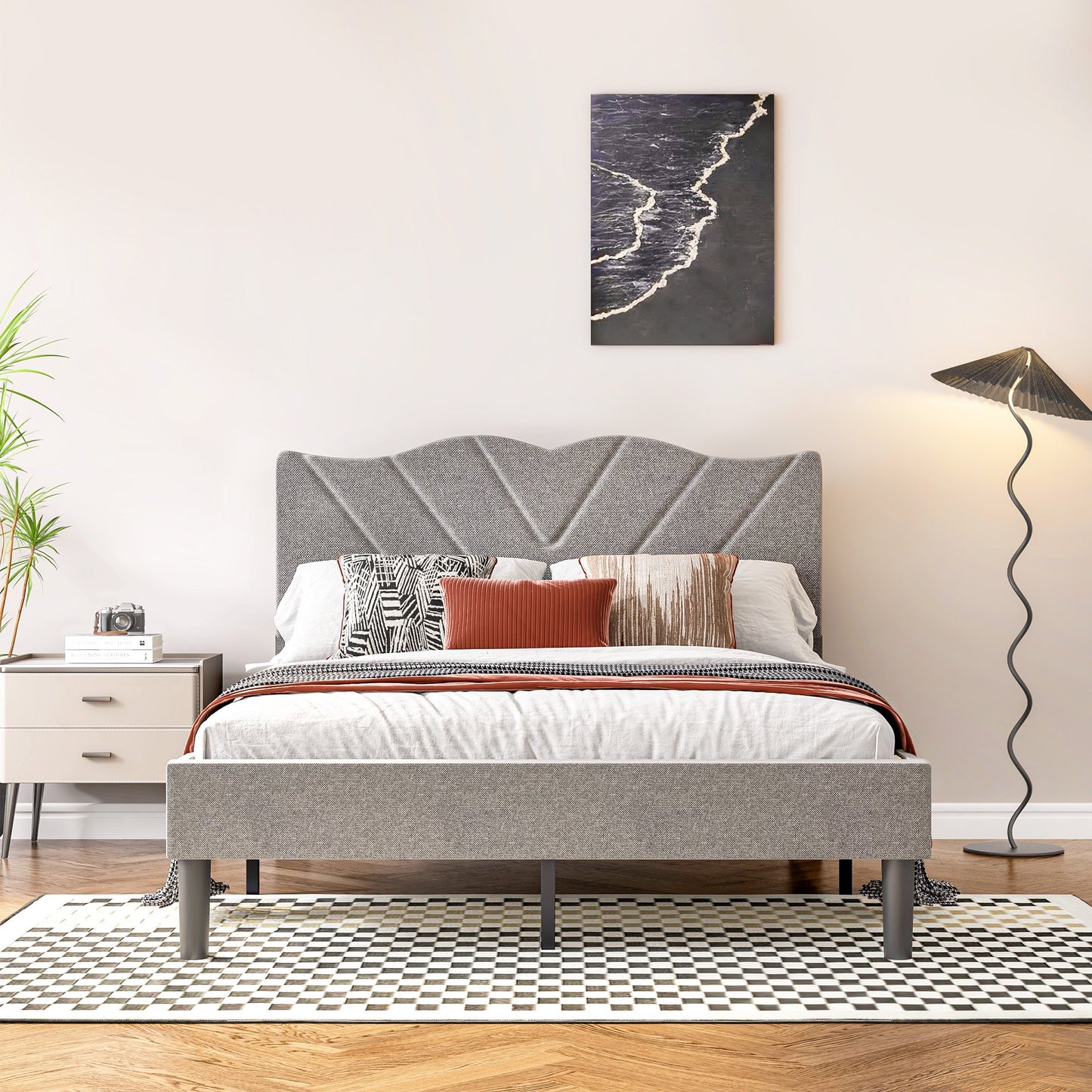 LegaHome Full Size Bed Frame, Upholstered Platform Bed Frame with Headboard and Wooden Slats, No Box Spring Needed, Easy Assembly, Grey