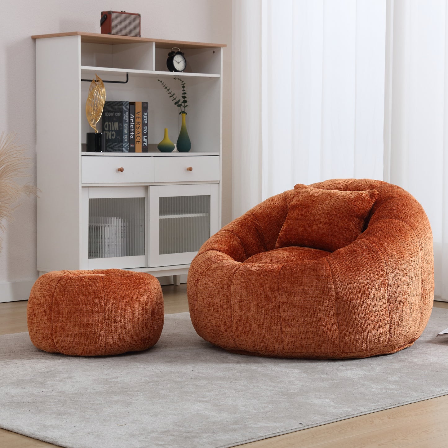 Bean Bag Chair with Ottoman, Legahome Large Bean Bag for Adult, Chenille Lazy Floor Sofa with Pillow, Pumpkin Shaped Bean Bag Chair, Reading Chair for Living Room, Bedroom, Beige