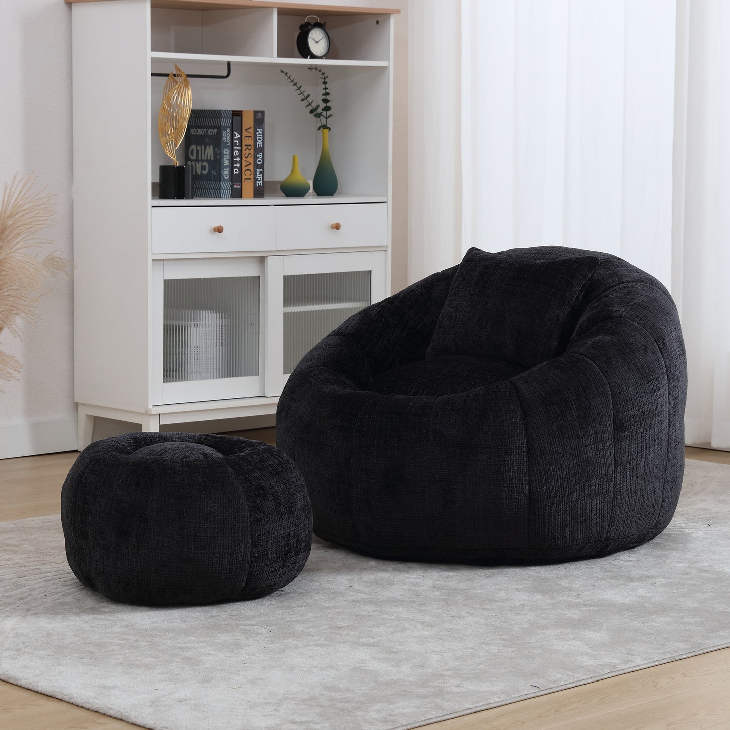 Bean Bag Chair with Ottoman, Legahome Large Bean Bag for Adult, Chenille Lazy Floor Sofa with Pillow, Pumpkin Shaped Bean Bag Chair, Reading Chair for Living Room, Bedroom, Beige