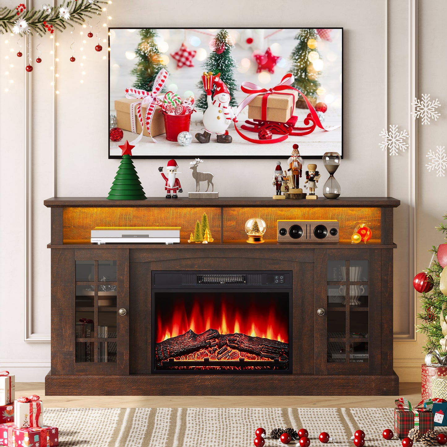 Fireplace TV Stand for 65 inch TVs with LED Lights, LEGAHOME Farmhouse Entertainment Center for TVs with 23in Fireplace, Wooden Living Room Media Console for 400Sqt, 62°F - 82°F Heating Range, Gray