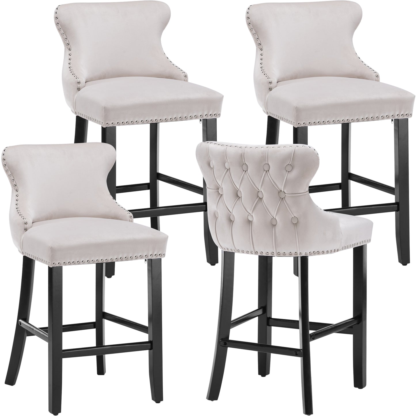 Velvet Barstools Set of 4, Contemporary Wing-Back Bar Chairs with Button Tufted and Chrome Nailhead Trim, Leisure Upholstered Bar Height Bar Stools with Wooden Legs, Beige