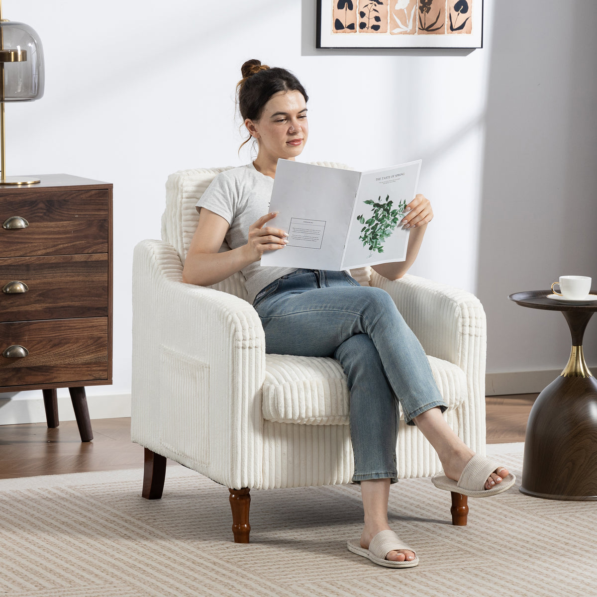 Accent Chair, Legahome Corduroy Upholstered Living Room Chair with Solid Wood Legs and High Resilience Cushion, Modern Farmhouse Comfy Reading Chair Armchair with Side Pocket