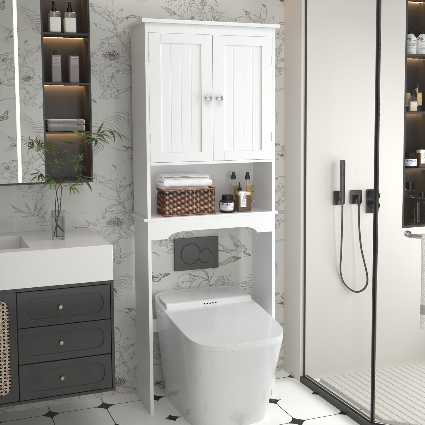 Legahome Over The Toilet Storage Shelf, Over-The-Toilet Bathroom Storage Cabinet with 2 Doors & 3 Storage Shelves, Space Saver Organizer for Bathroom, Laundry, White