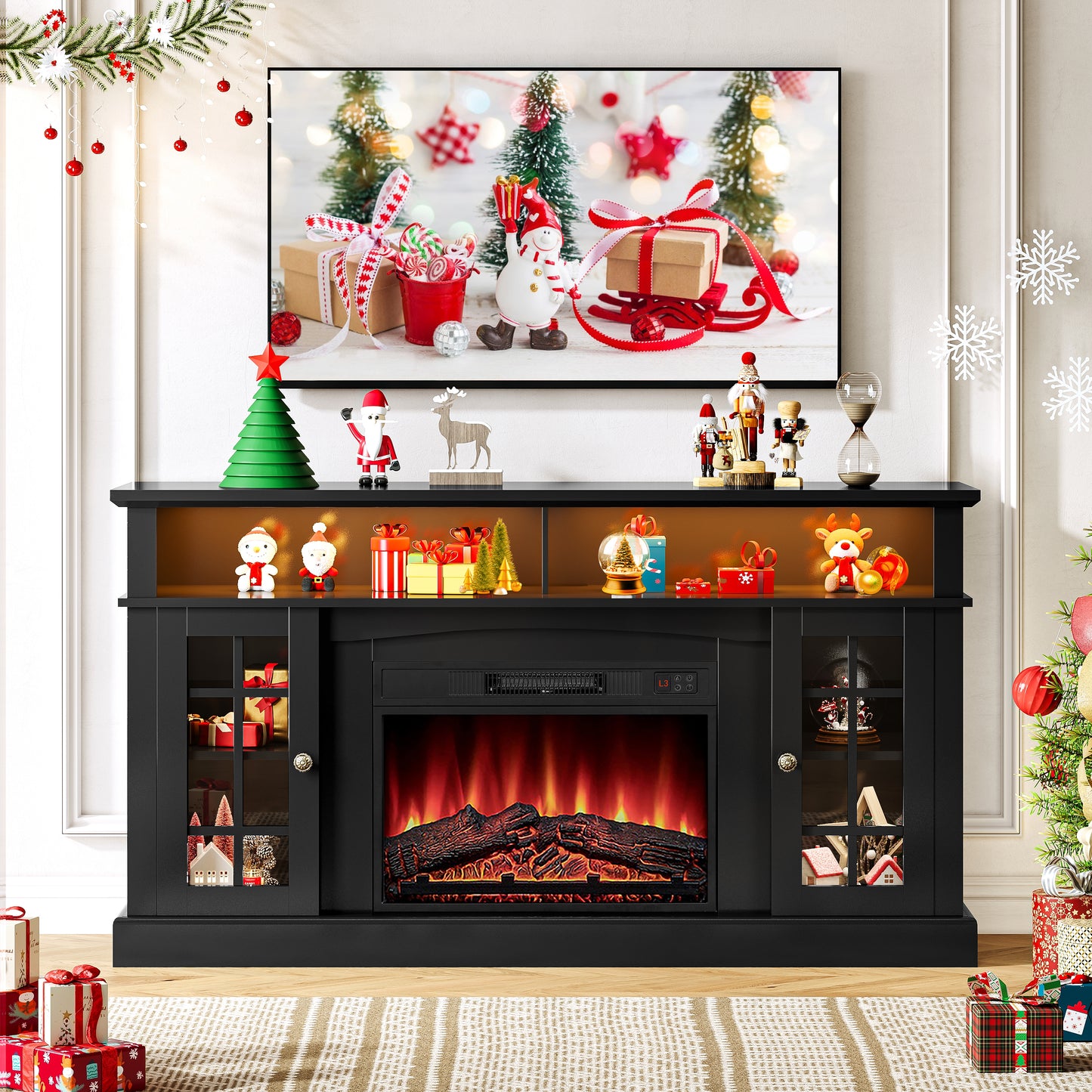 Fireplace TV Stand for 65 inch TVs with LED Lights, LEGAHOME Farmhouse Entertainment Center for TVs with 23in Fireplace, Wooden Living Room Media Console for 400Sqt, 62°F - 82°F Heating Range, Gray