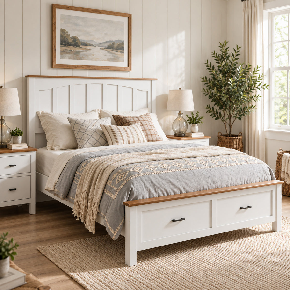 LEGAHOME Full Bed Frame for 800lbs Weight Capacity, Wood Platform Bed Frame with Headboard and Wood Slats Support, No Box Spring Needed, Brown and White