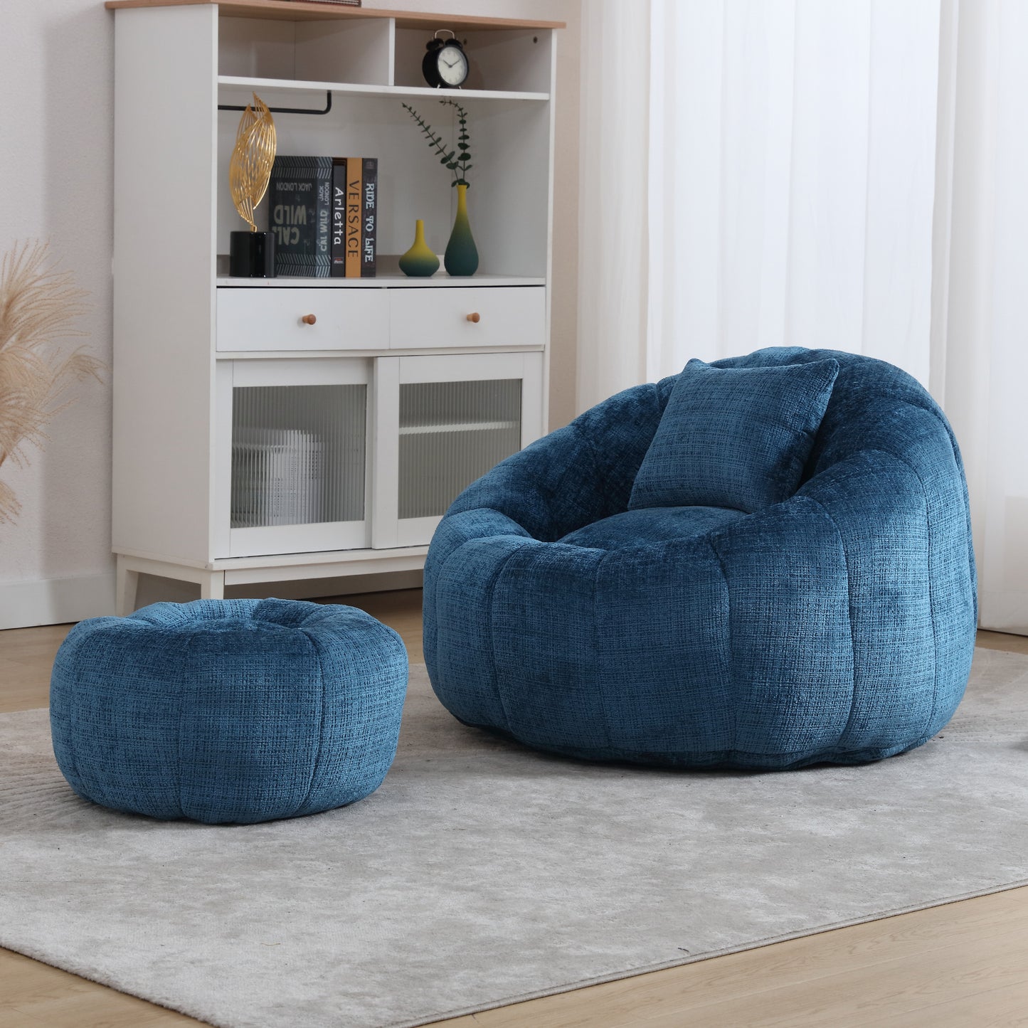 Bean Bag Chair with Ottoman, Legahome Large Bean Bag for Adult, Chenille Lazy Floor Sofa with Pillow, Pumpkin Shaped Bean Bag Chair, Reading Chair for Living Room, Bedroom, Beige