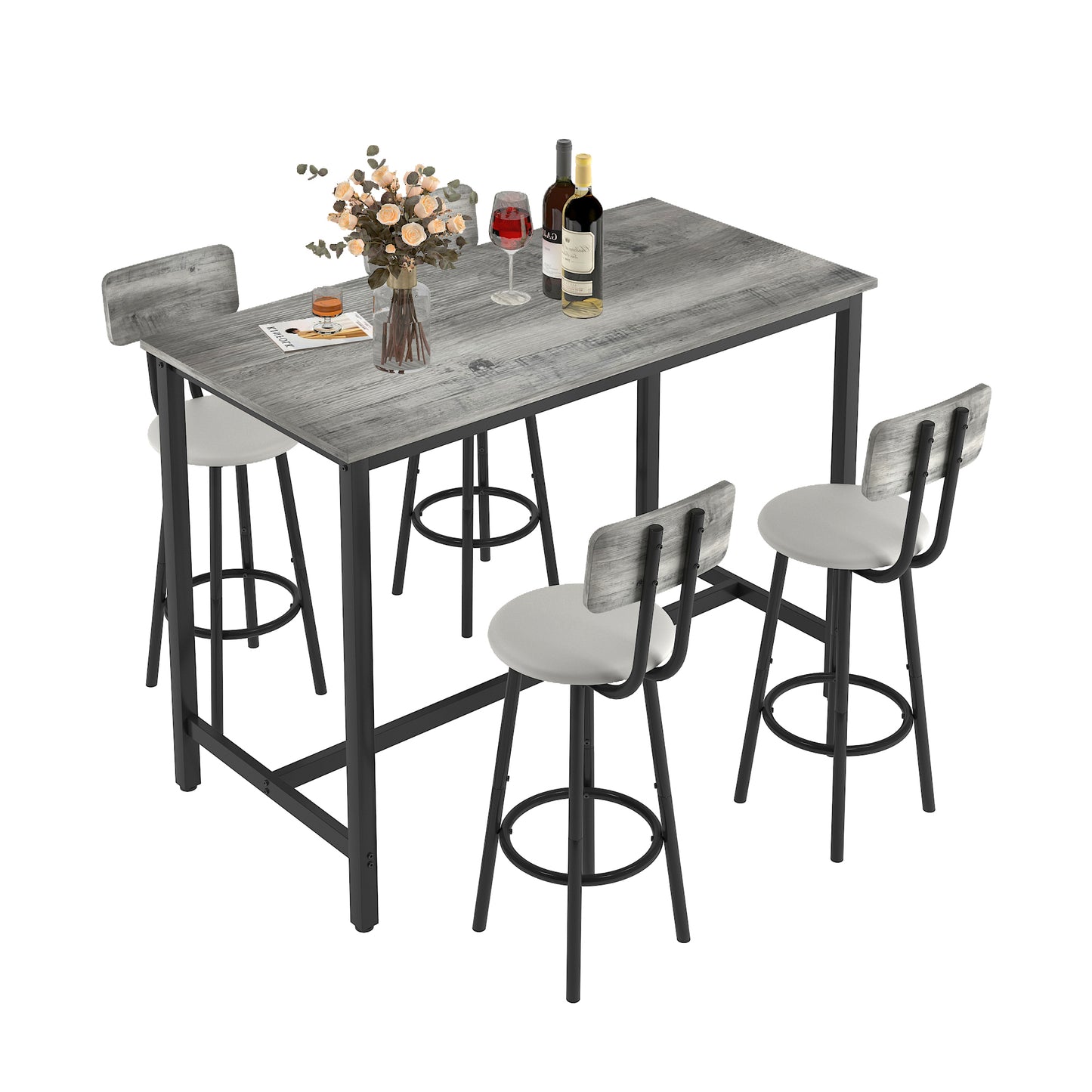 Counter Height Table Set of 4, LEAGHOME Bar Table Set for 4, Kitchen Dining Set with 4 Backrest Chairs, Rectangle Dinette Pub Table Set, Bar Table and Chairs Set for Kitchen Breakfast Nook, Brown