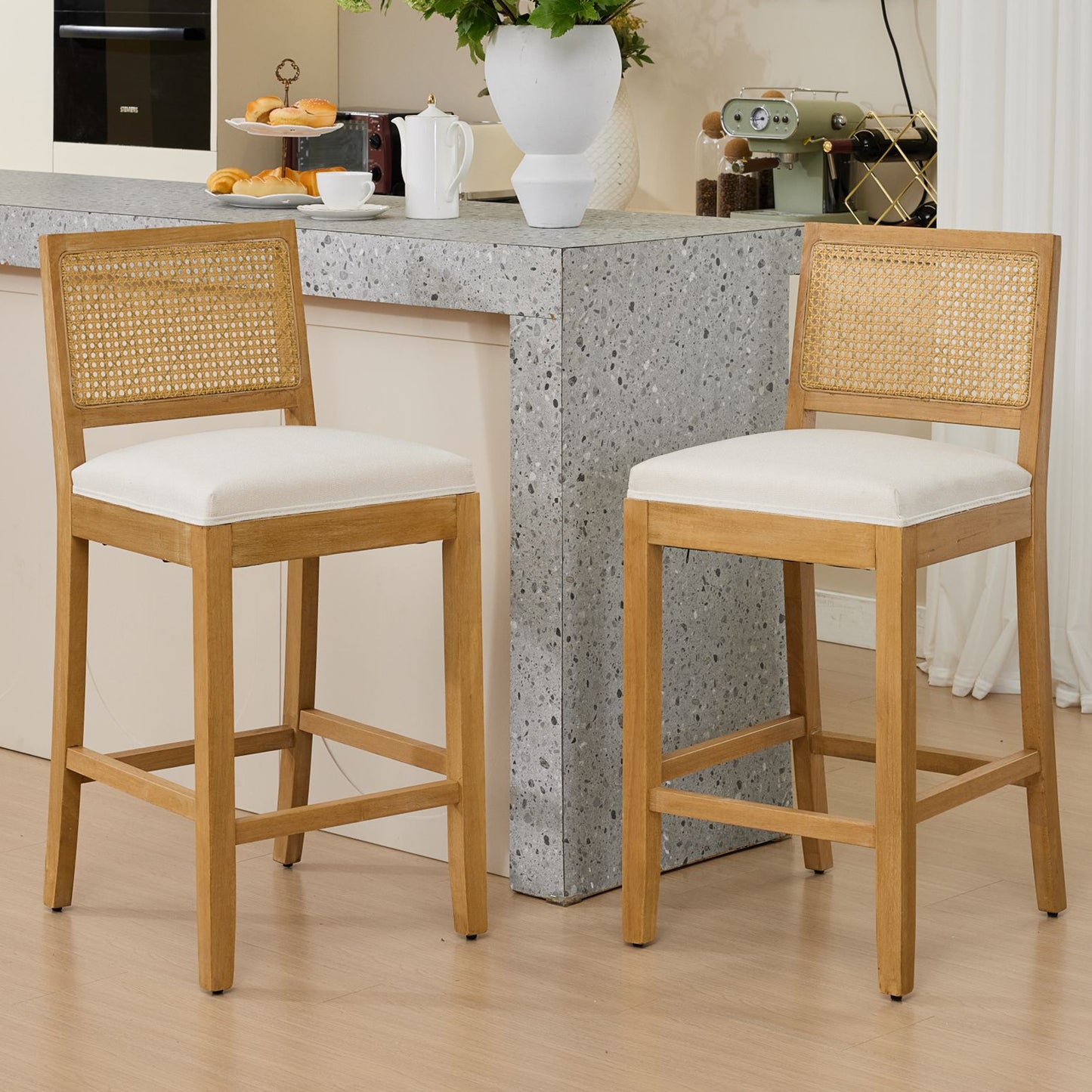 Bar Stools Set of 2, Legahome 28" Bar Height Bar Stool, Farmhouse Linen Upholstered Bar Stool with Rattan-Back, Boho Solid Wood Bar Stools Set for Kitchen Island Dining Room