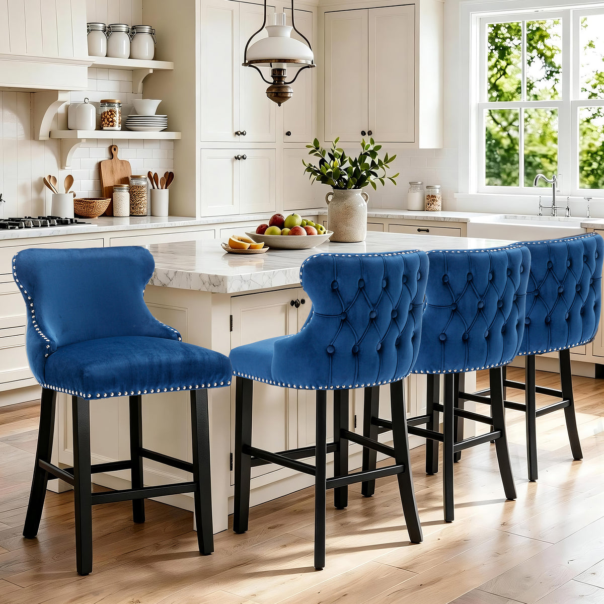 Velvet Barstools Set of 4, Contemporary Wing-Back Bar Chairs with Button Tufted and Chrome Nailhead Trim, Leisure Upholstered Bar Height Bar Stools with Wooden Legs, Beige