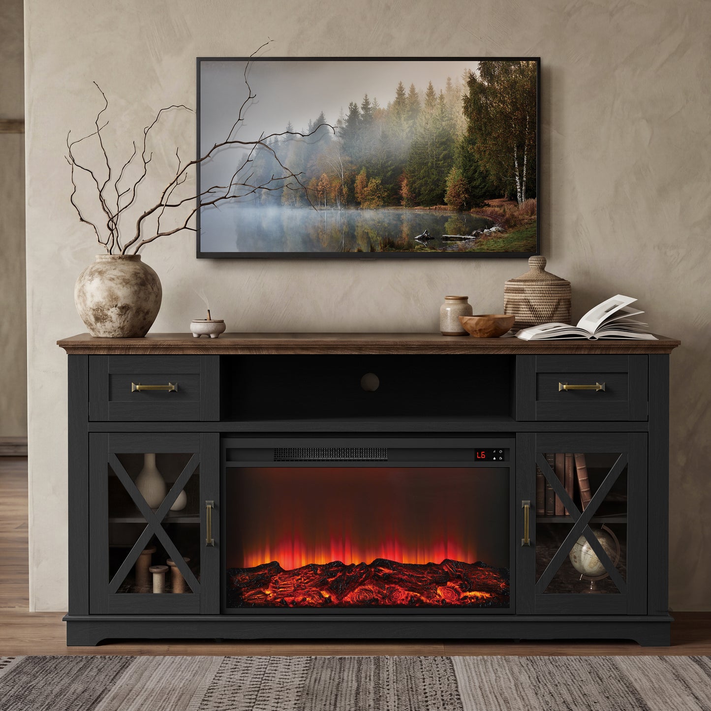 Fireplace TV Stand for 70inch TVs, LEGAHOME Modern 63" TV Stand with 30" Fireplace, Entertainment Center with Storage Drawers, Brown Tabletop and White Cabinet