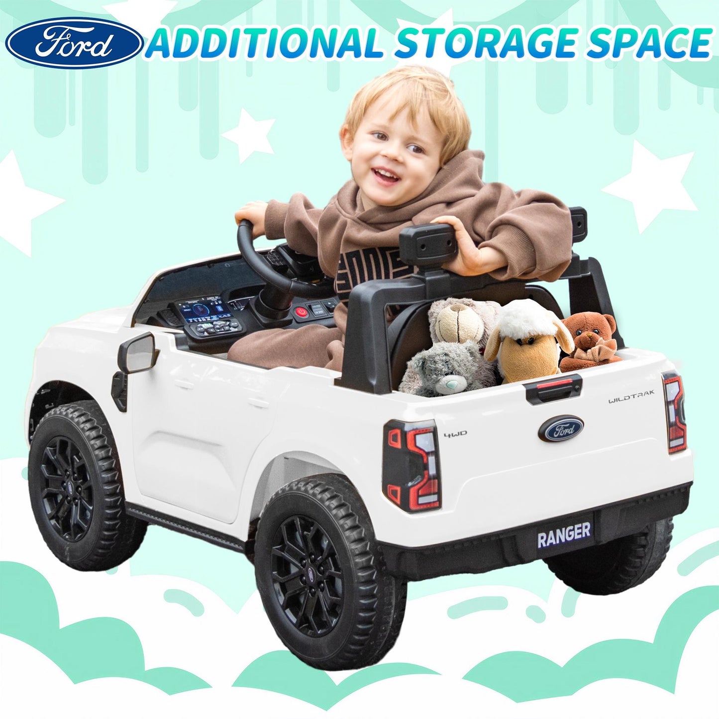 Legahome White 12V Ford Ranger Powered Ride on Car with Remote Control, Kids Electric Car for Boys Girls 3-6 Ages, Kids Ride on Toys with Bluetooth, Music, USB Port, Horn, LED Lights