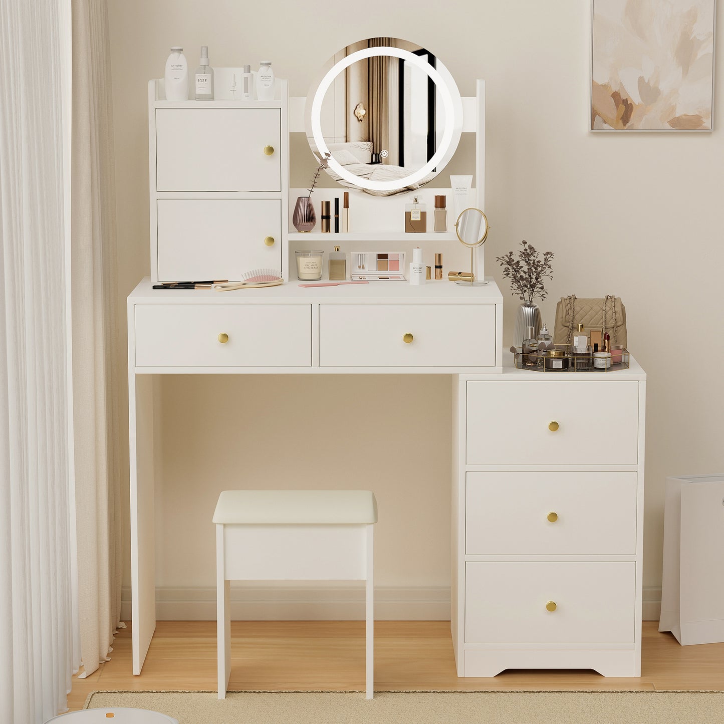 Vanity Set with Sliding Mirror and Lights, Modern Lighted Makeup Vanity Table Set, Vanity Desk with Chair Set for Girls, Dressing Table with Drawers for Bedroom