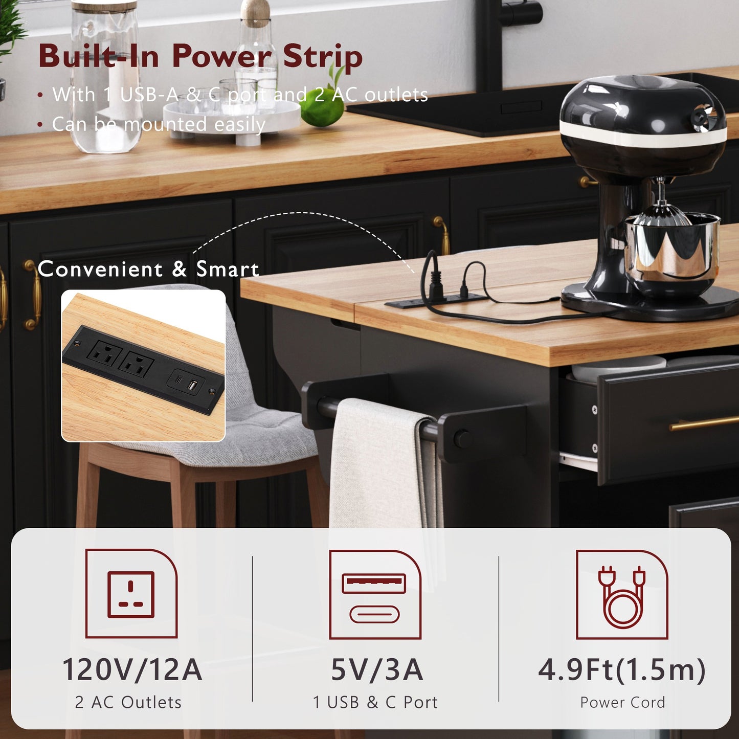 LEGAHOME 59.3” Kitchen Island with Rubberwood Drop-Leaf Top