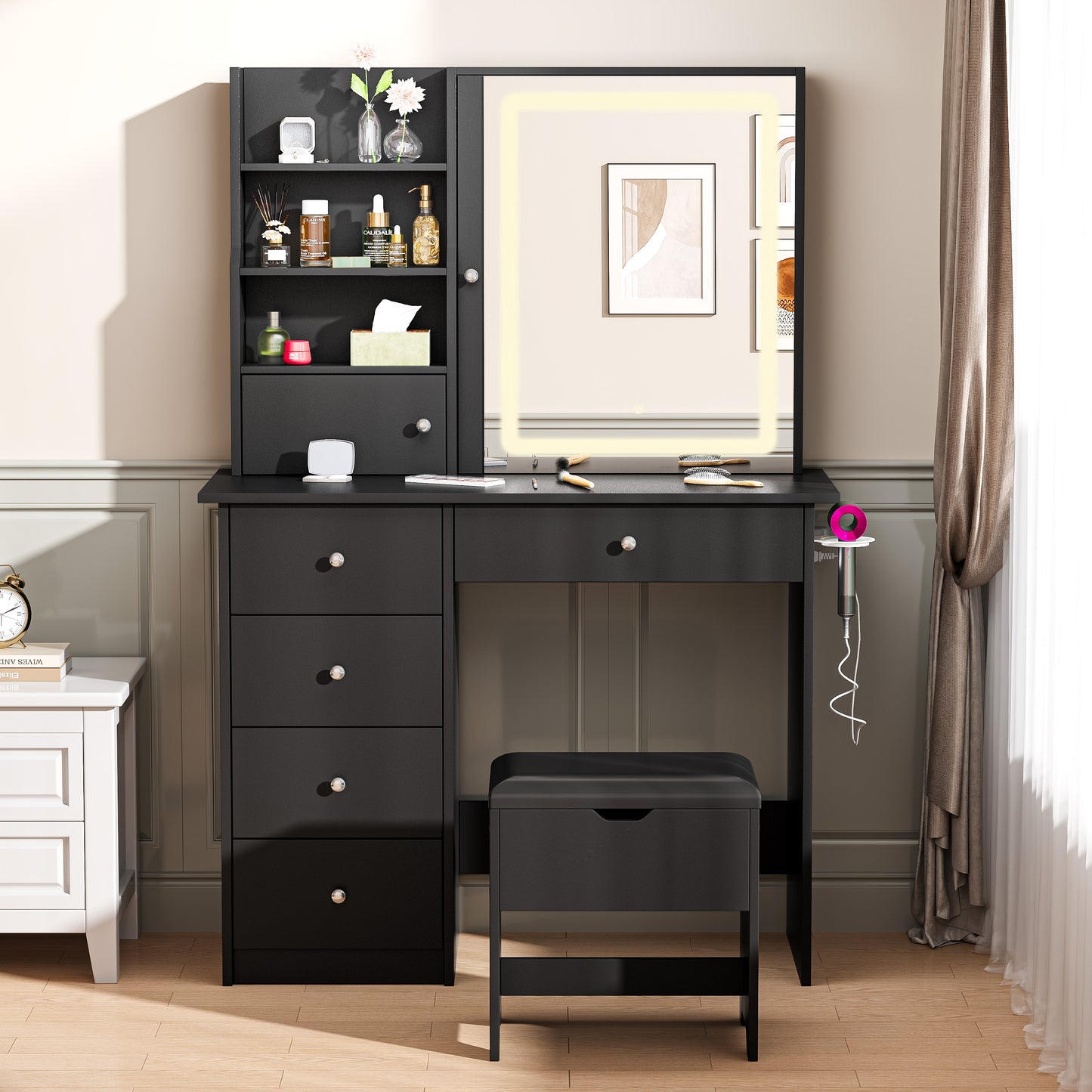 Vanity Set with Sliding Mirror and Lights, Modern Lighted Makeup Vanity Table Set, Vanity Desk with Chair Set for Girls, Dressing Table with Drawers for Bedroom