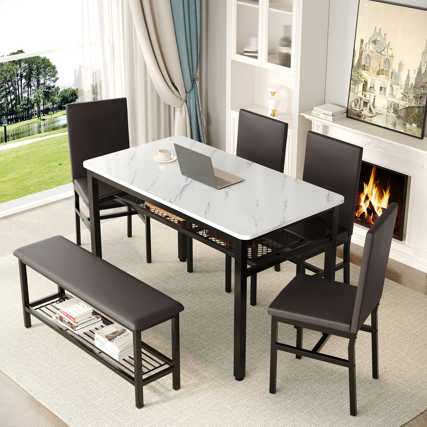 Dining Table Set for 6, Modern Faux Marble Dining Room Table Sets with 4 Leatherette Chairs&1 Bench, Rectangular Kitchen Table and Chairs Set for Apartment, Space Saves Gray Table and Leather Chairs