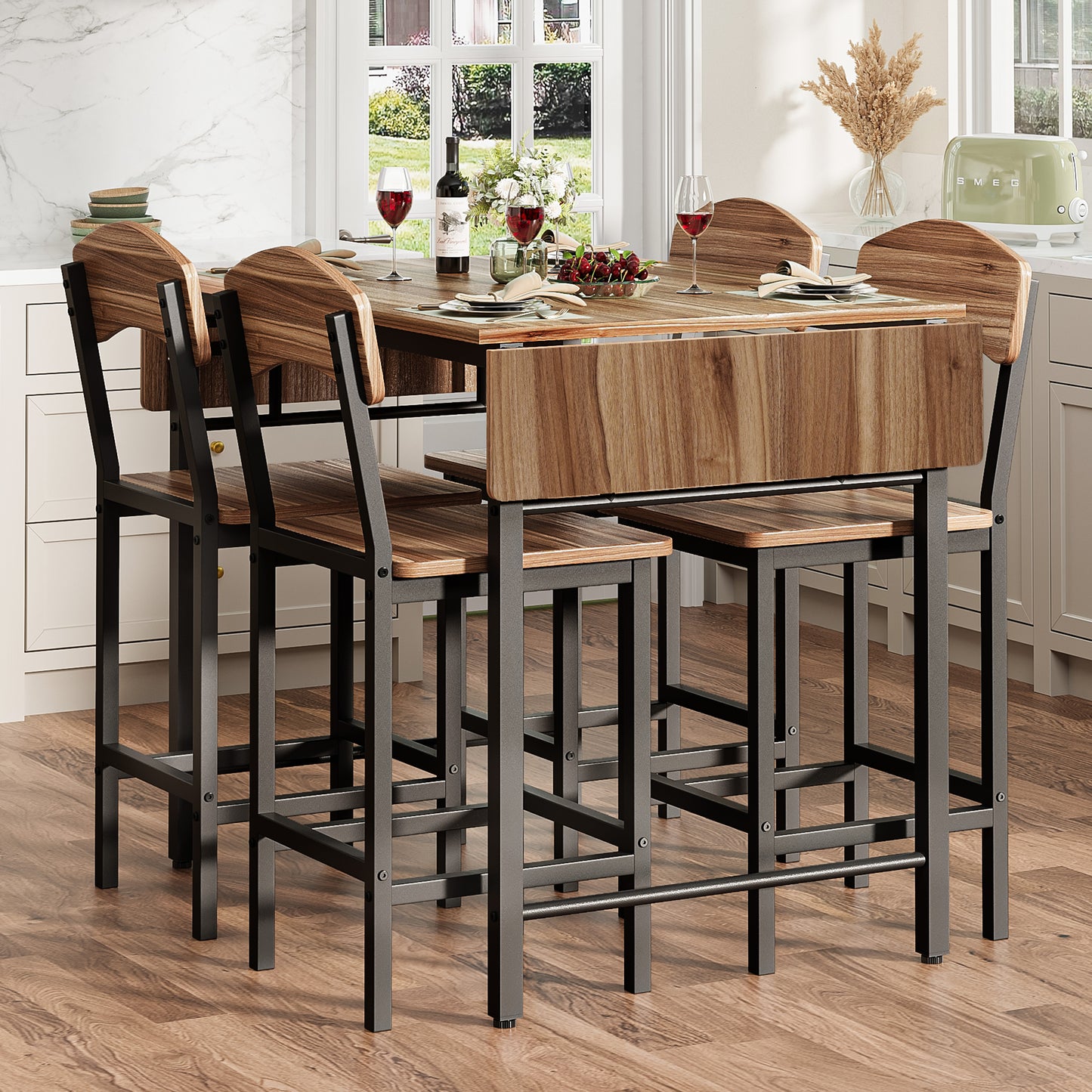 Dining Table Set for 4, Drop Leaf Pub Table and Dining Chair Set, Counter Height Table Set of 5, Kitchen Table Set with Stools for Kitchen Apartment Bistro, Beige