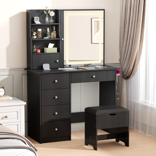 Vanity Set with Sliding Mirror and Lights, Modern Lighted Makeup Vanity Table Set, Vanity Desk with Chair Set for Girls, Dressing Table with Drawers for Bedroom