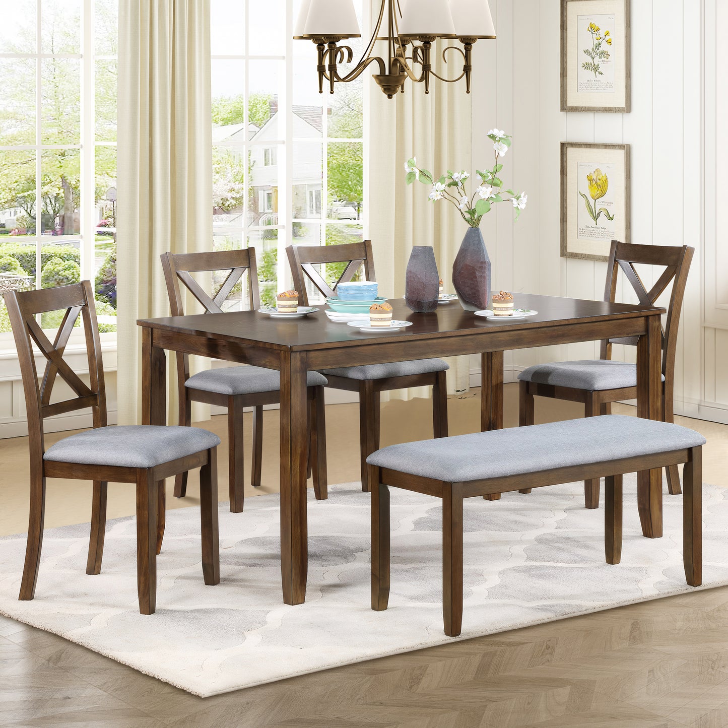 Dining Table Sets For 6, Farmhouse 6 Piece Dining Set with Bench, Wood Dining Dinette Table and 4 Upholstered Chairs with 1 Bench, Dining Room Set for Kitchen, Gray