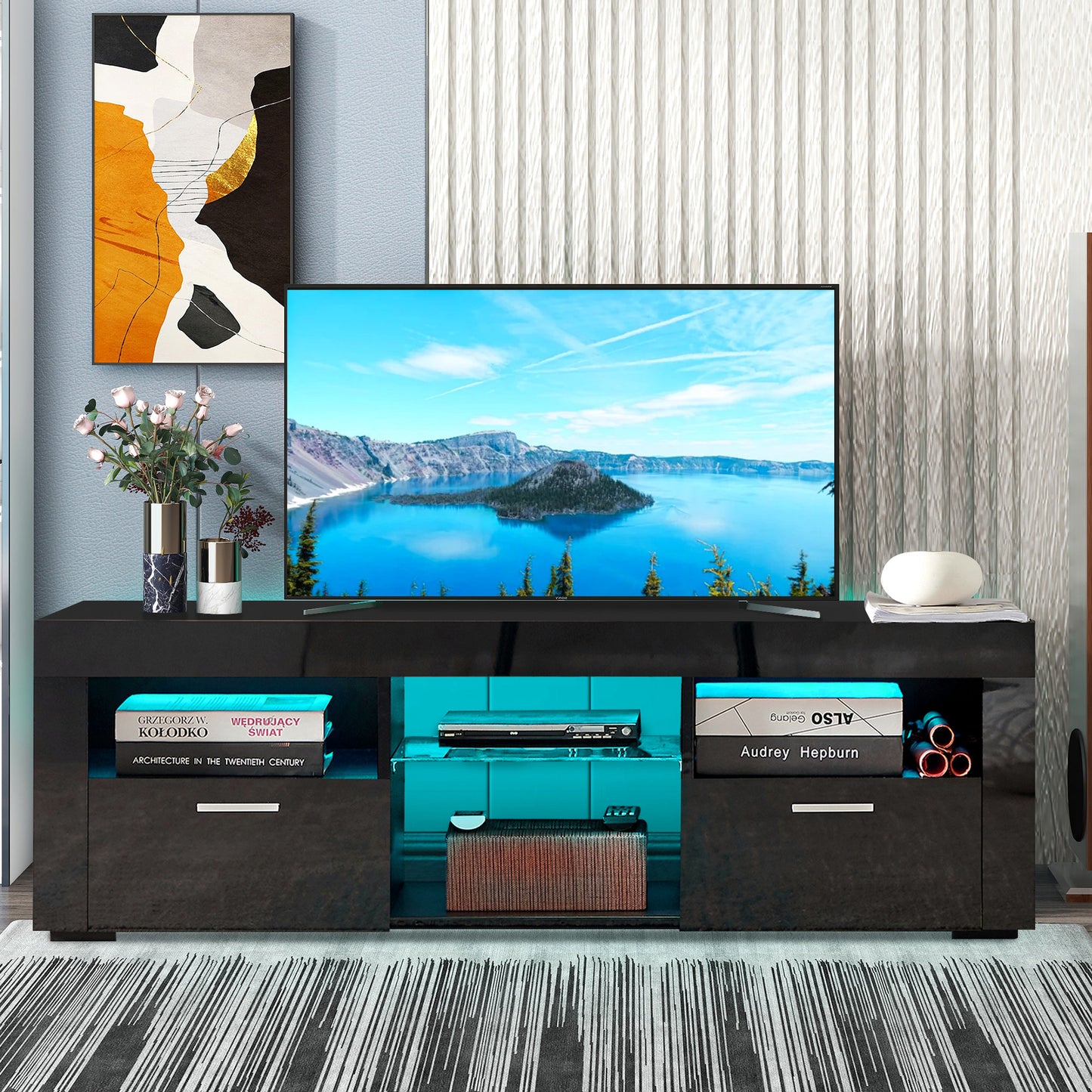 LegaHome TV Stand for 55-65Inch TV, Modern High Glossy TV Cabinet with 16 Colors LED Lights