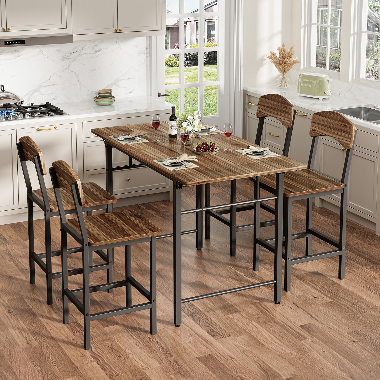 Dining Table Set for 4, Drop Leaf Pub Table and Dining Chair Set, Counter Height Table Set of 5, Kitchen Table Set with Stools for Kitchen Apartment Bistro, Beige