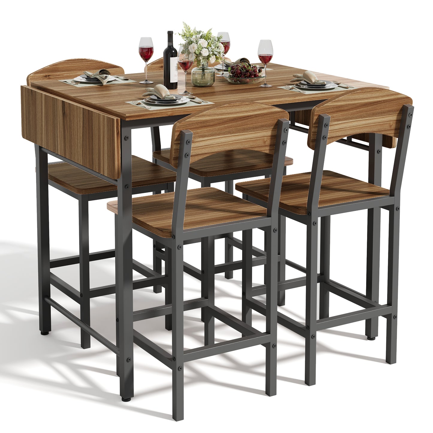 Dining Table Set for 4, Drop Leaf Pub Table and Dining Chair Set, Counter Height Table Set of 5, Kitchen Table Set with Stools for Kitchen Apartment Bistro, Beige