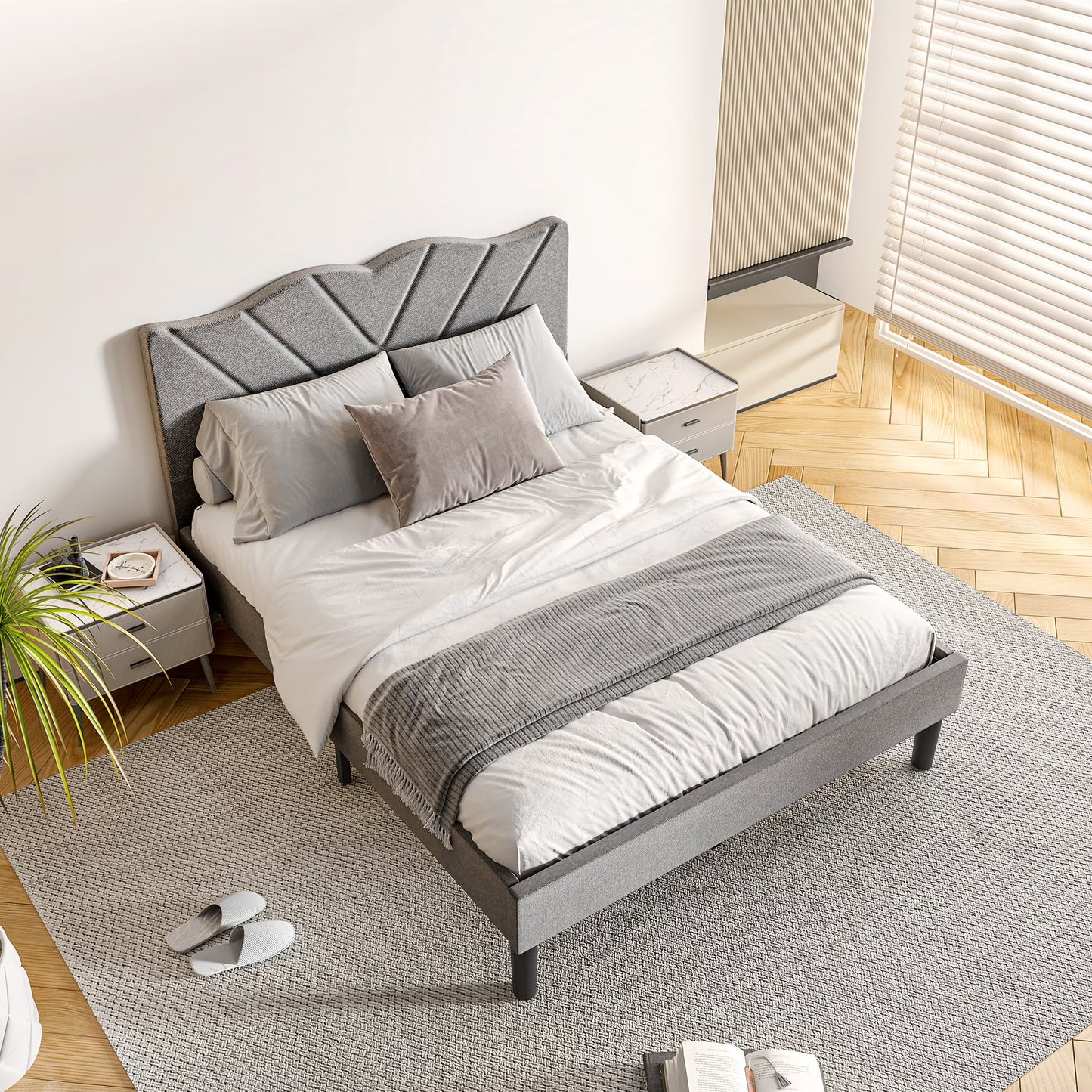LegaHome Full Size Bed Frame, Upholstered Platform Bed Frame with Headboard and Wooden Slats, No Box Spring Needed, Easy Assembly, Grey