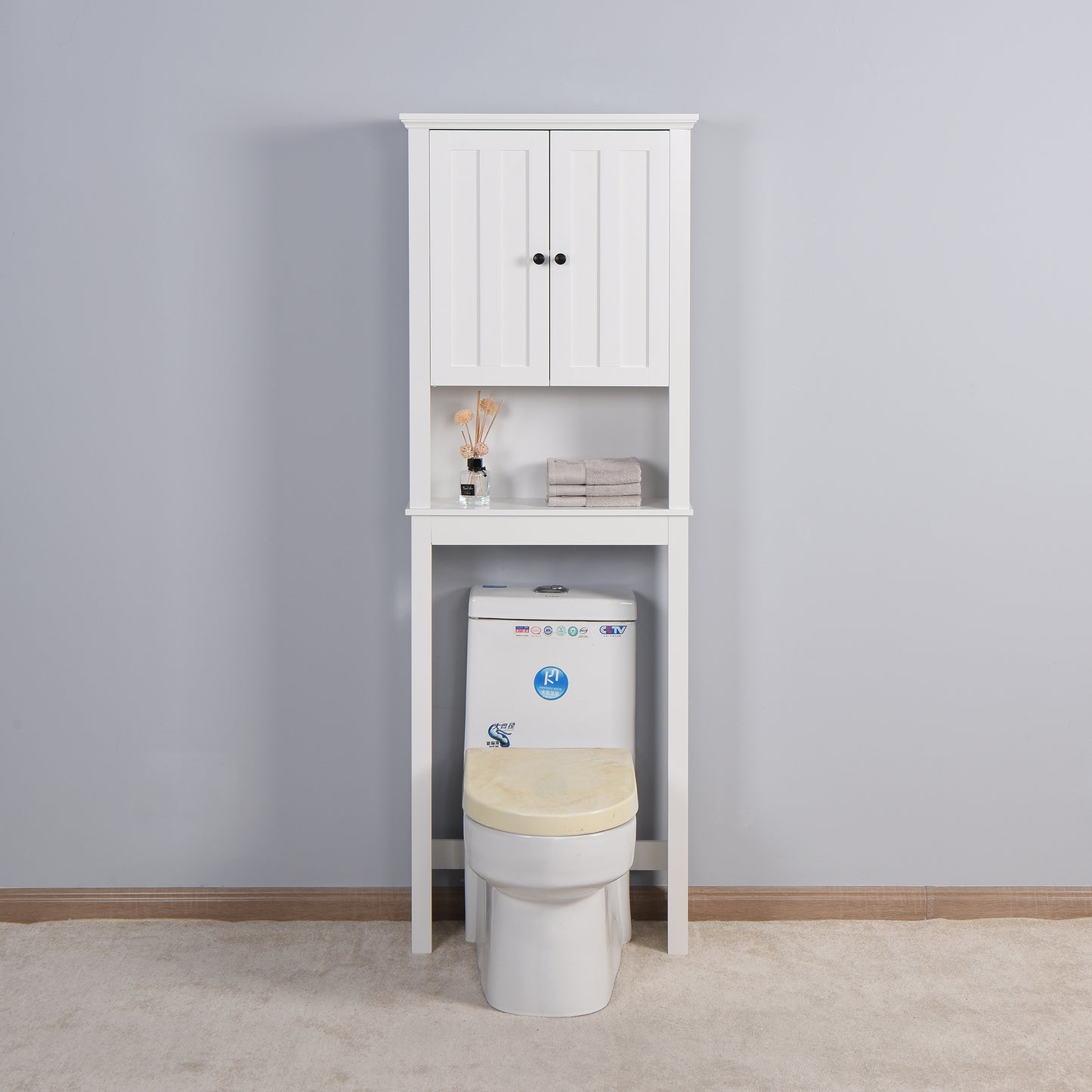 Legahome Over The Toilet Storage Shelf, Over-The-Toilet Bathroom Storage Cabinet with 2 Doors & 3 Storage Shelves, Space Saver Organizer for Bathroom, Laundry, White