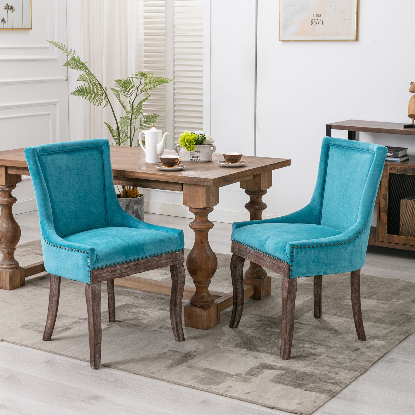 Dining Chairs Set of 2, LEGAHOME Yellow Fabric Upholstered Dining Chairs, Mid-century Kitchen Chairs with High Back, Bronze Nail Head, Solid Wood Legs, Yellow, 2 Pcs