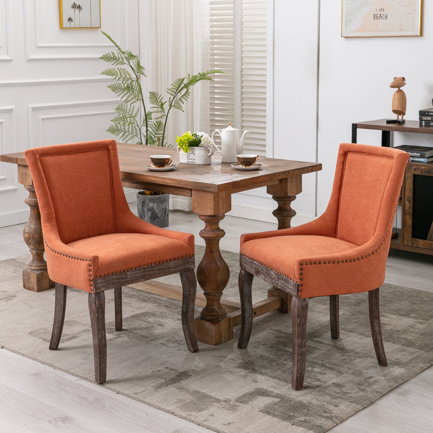 Dining Chairs Set of 2, LEGAHOME Yellow Fabric Upholstered Dining Chairs, Mid-century Kitchen Chairs with High Back, Bronze Nail Head, Solid Wood Legs, Yellow, 2 Pcs