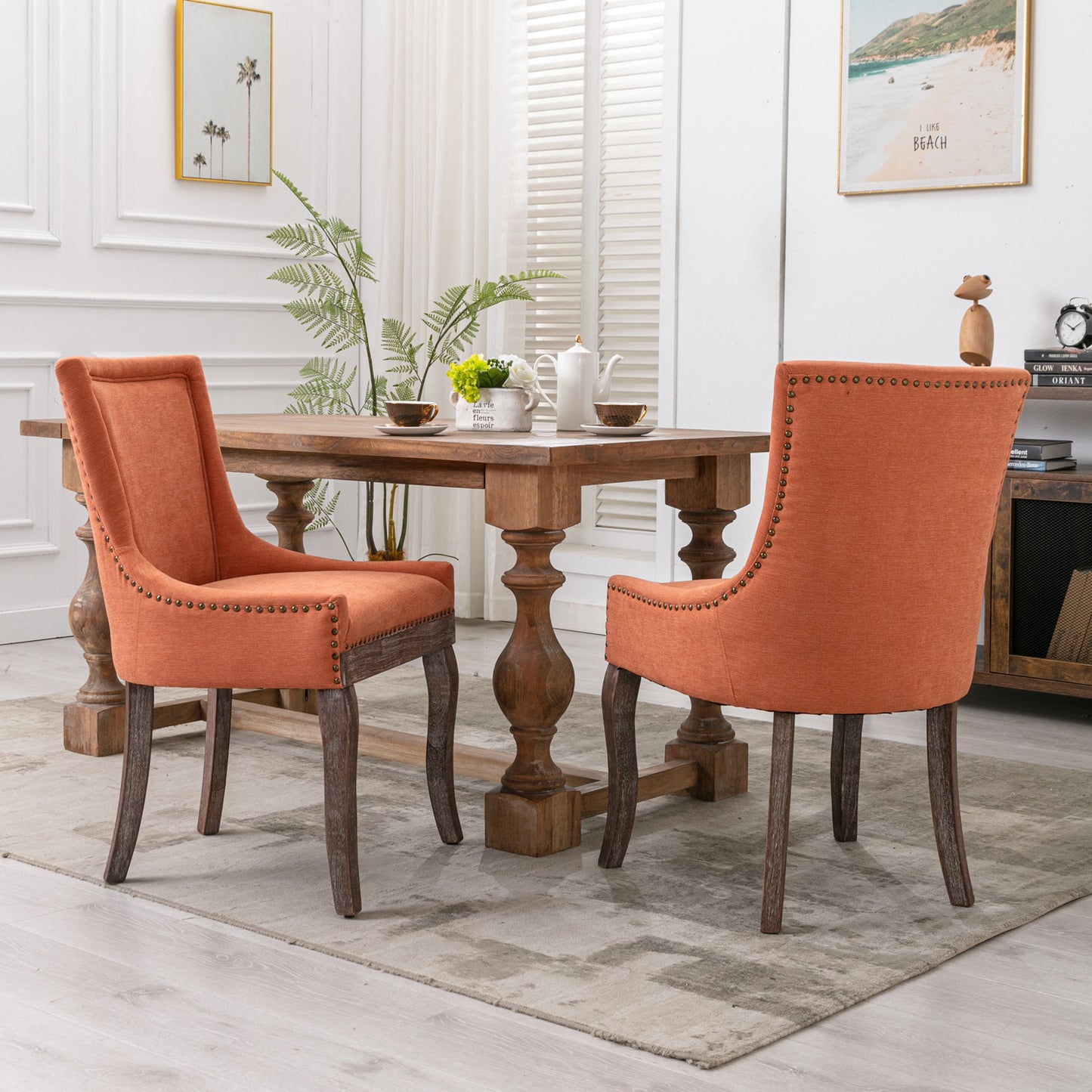 Dining Chairs Set of 2, LEGAHOME Yellow Fabric Upholstered Dining Chairs, Mid-century Kitchen Chairs with High Back, Bronze Nail Head, Solid Wood Legs, Yellow, 2 Pcs
