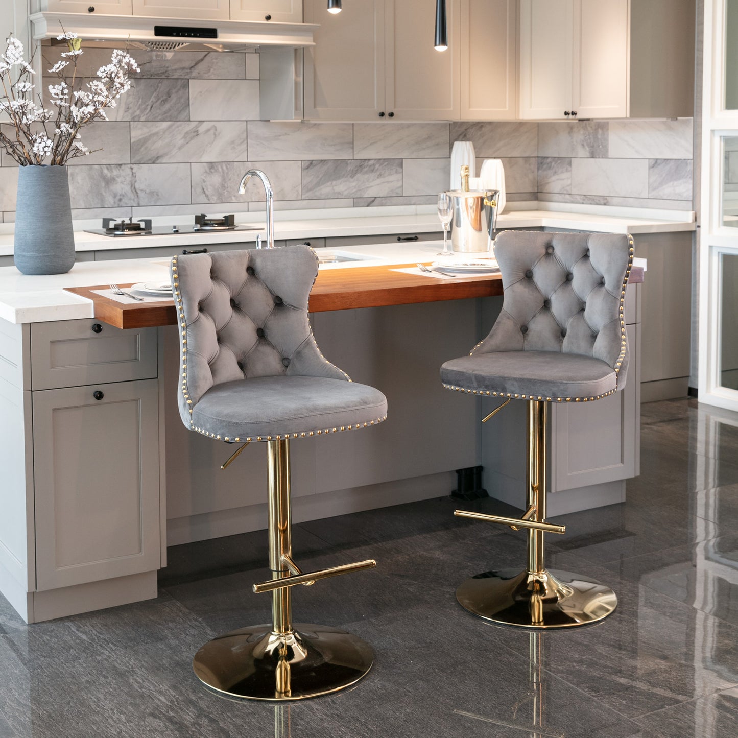 Swivel Bar Stools of 2, LegaHome Velvet Counter Height Barstools, 25-33 Inch Adjustable Height Bar Stools for Kitchen Counter, Modern Upholstered Kitchen Island Chairs, 300lbs Capacity, Beige