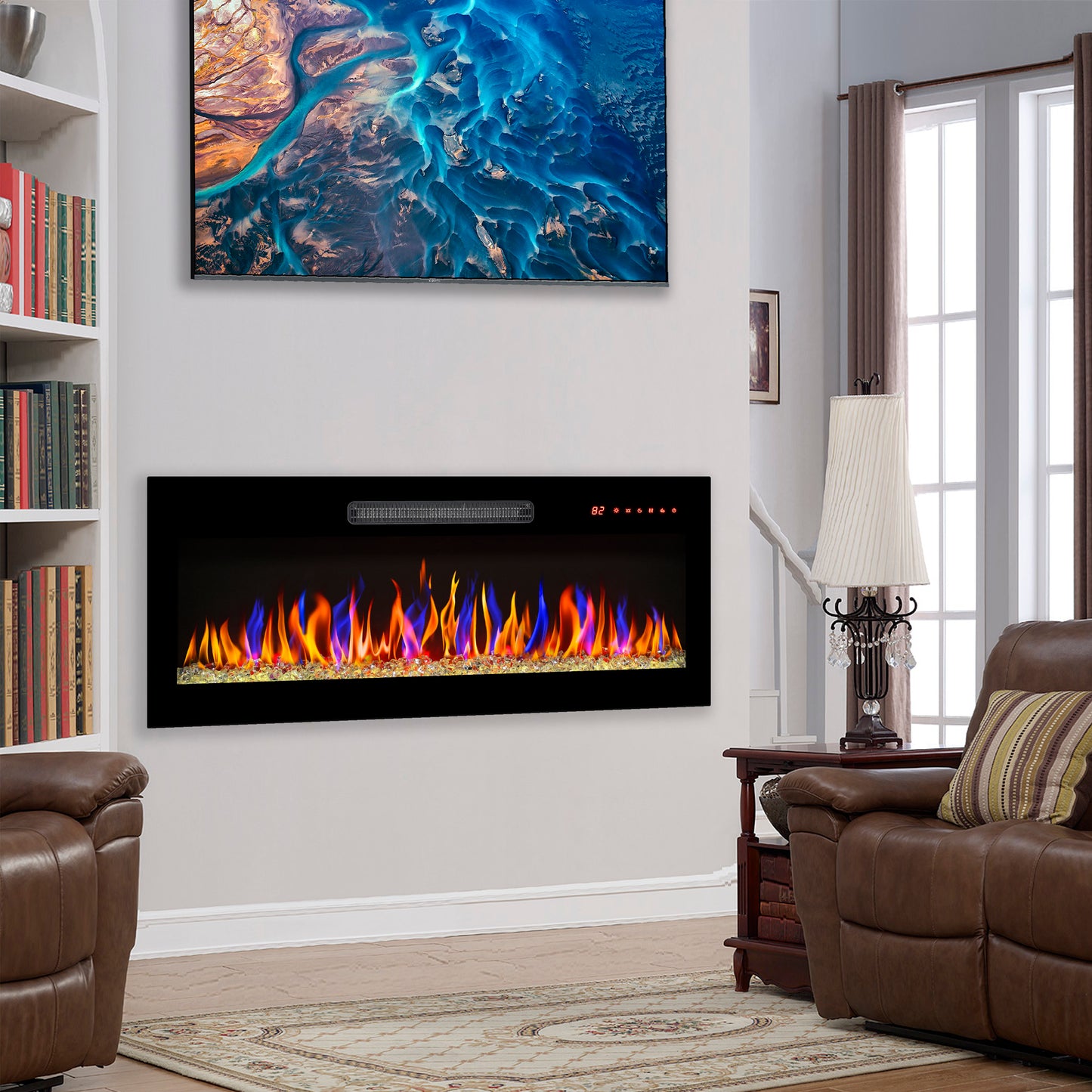 Electric Fireplace Recessed and Wall Mounted, Legahome Fireplace Heater with Remote Control, Linear Fireplace with Timer, Crystal, Adjustable Flame Color and Ember Bed Color, Freestanding