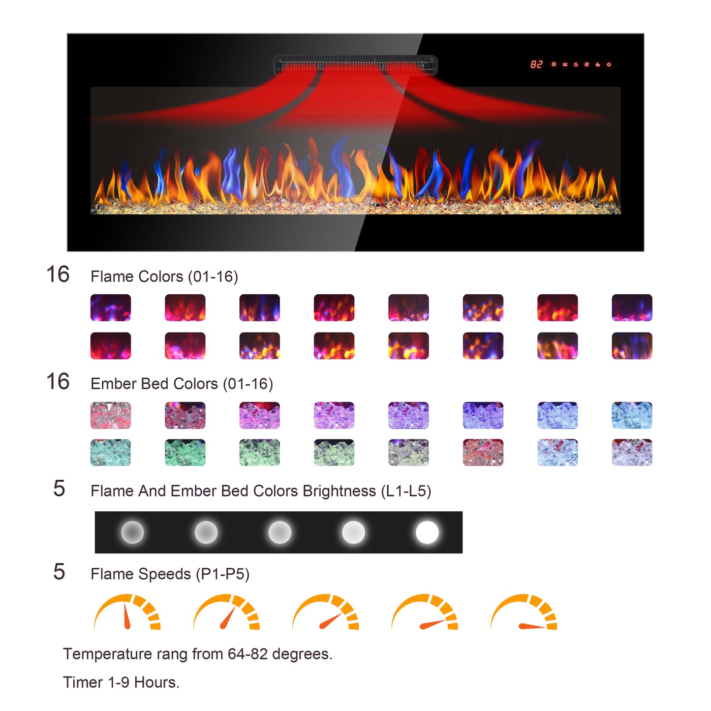 Electric Fireplace Recessed and Wall Mounted, Legahome Fireplace Heater with Remote Control, Linear Fireplace with Timer, Crystal, Adjustable Flame Color and Ember Bed Color, Freestanding