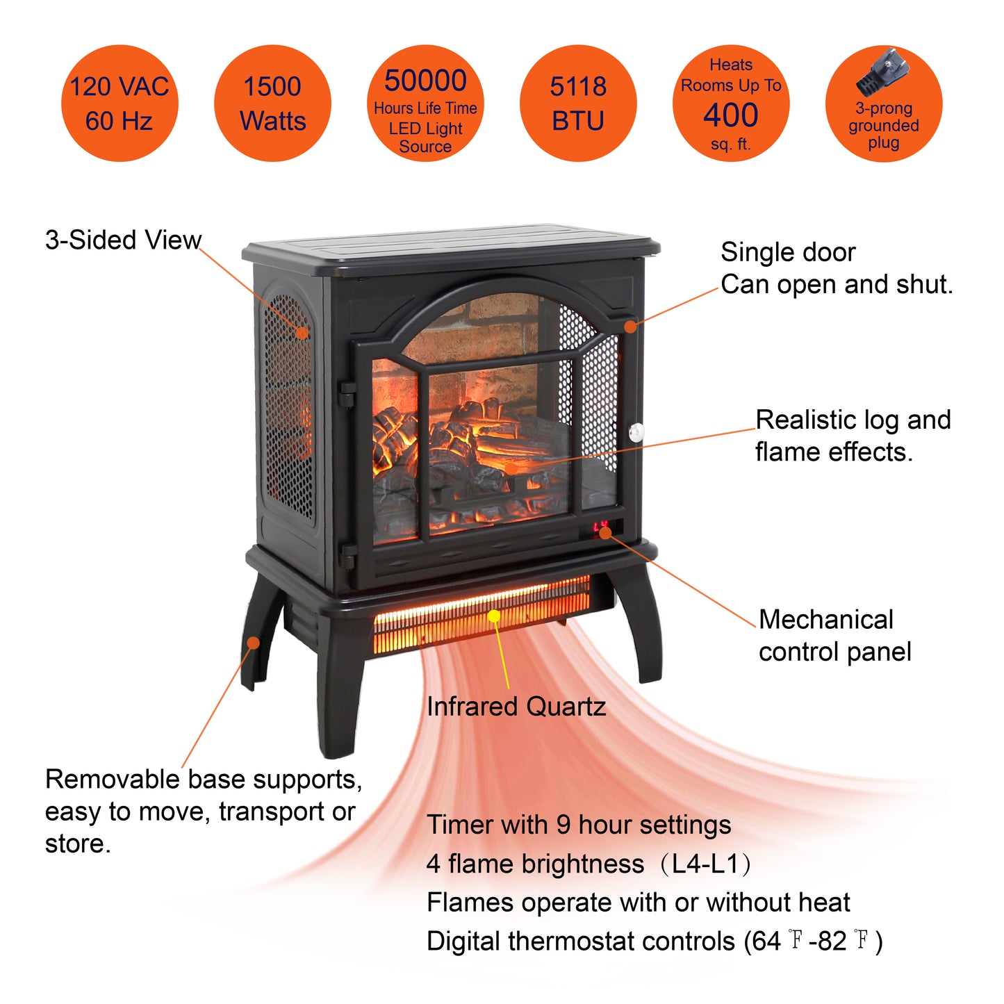 Electric Fireplace Heater Stove, Legahome 18'' Freestanding Infrared Fireplace Heater with Remote Control, 3D Realistic Flame, Adjustable Brightness, Temp Control and Timer