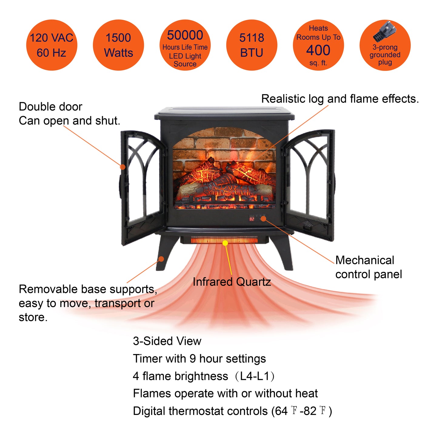 24'' Freestanding Electric Fireplace Heater Stove, Legahome Portable Infrared Fireplace Heater with Remote Control, 3D Realistic Flame, Adjustable Brightness, Temp Control and Timer