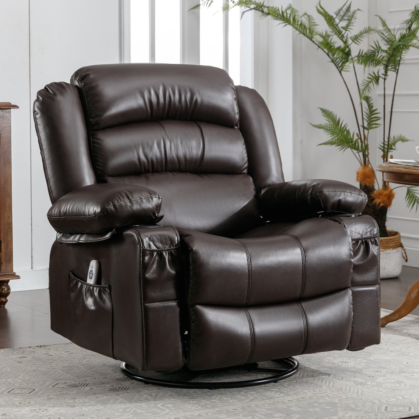 Manual Rocker Recliners, 360° Swivel Recliner Chair for Living Room, PU Leather Swivel Rocker Recliner with Massage and Heat, Home Theater Rocking Recliner with Cup Holder, Brown