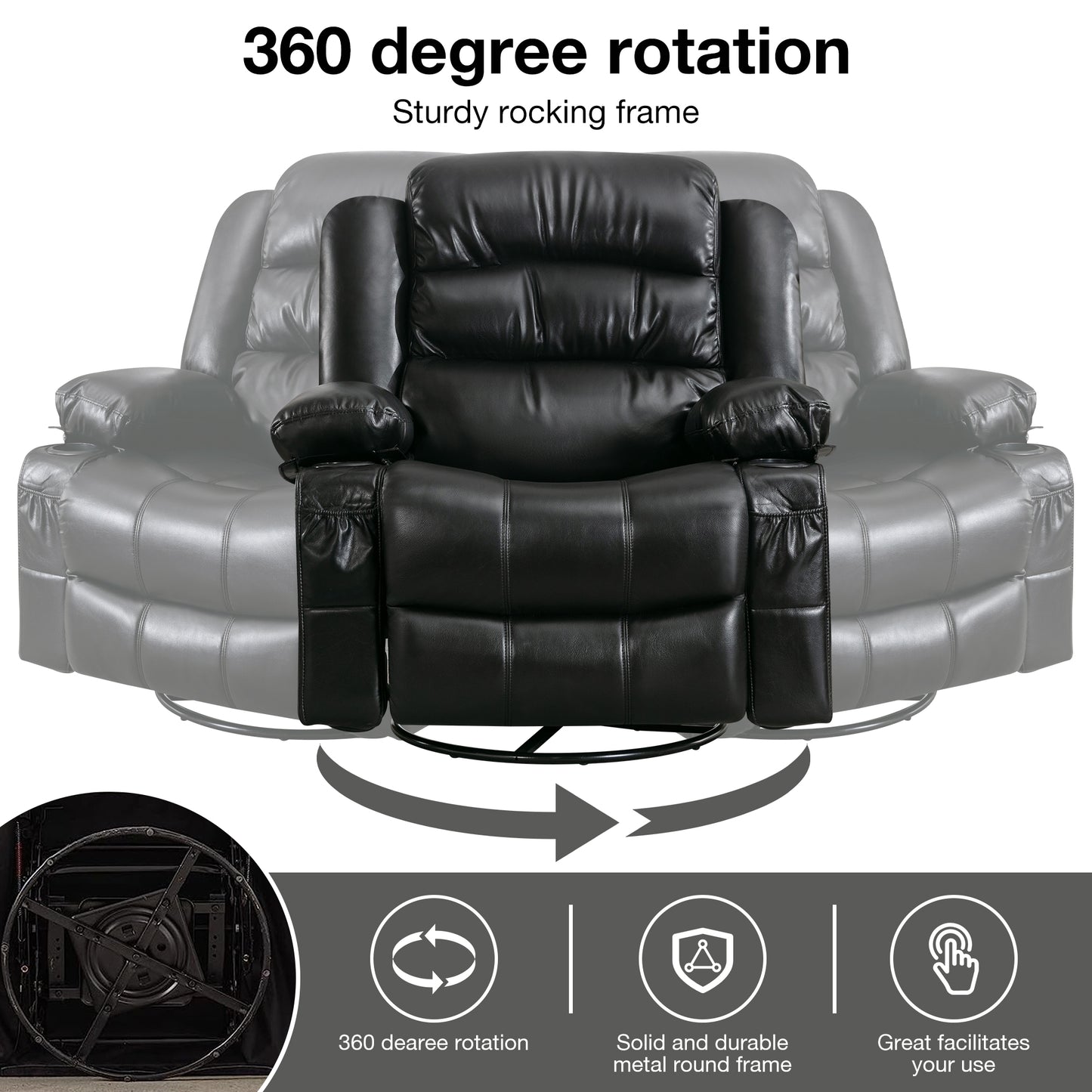 Manual Rocker Recliners, 360° Swivel Recliner Chair for Living Room, PU Leather Swivel Rocker Recliner with Massage and Heat, Home Theater Rocking Recliner with Cup Holder, Brown