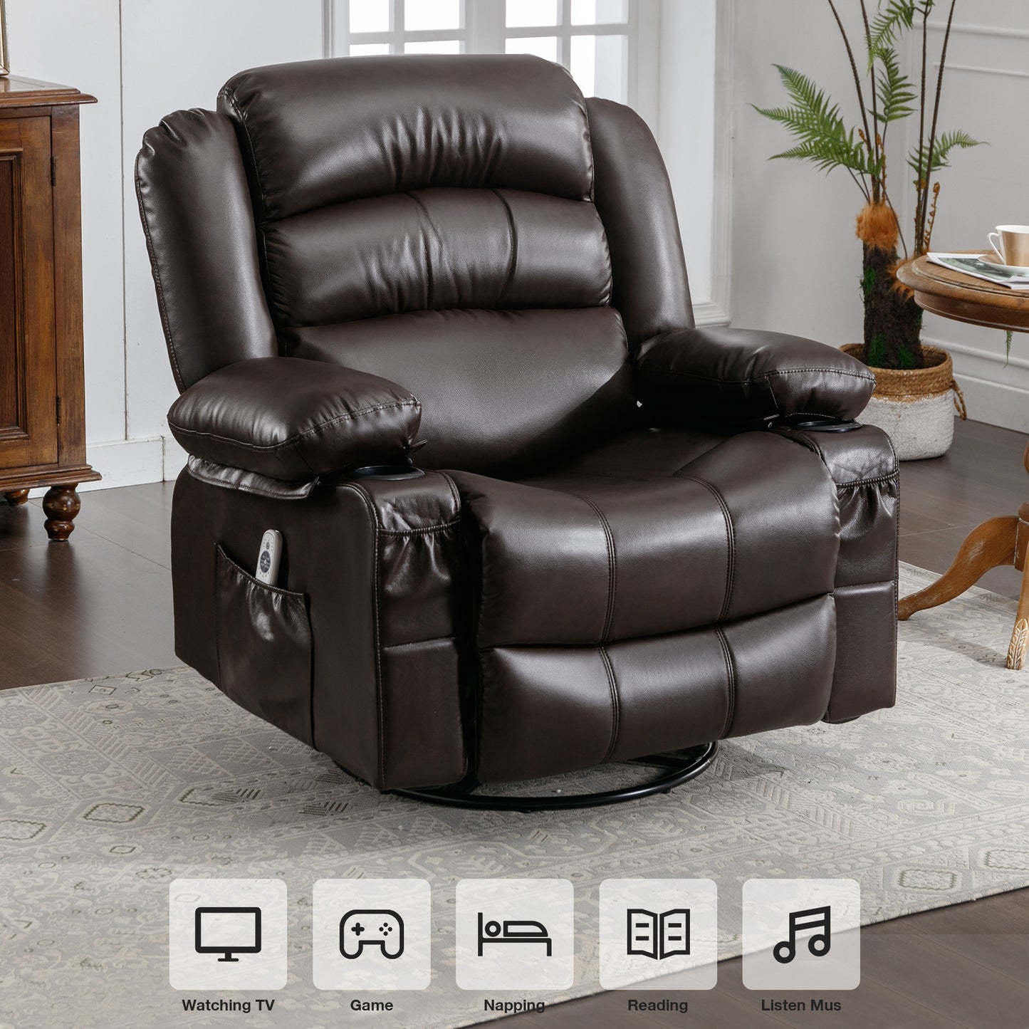Manual Rocker Recliners, 360° Swivel Recliner Chair for Living Room, PU Leather Swivel Rocker Recliner with Massage and Heat, Home Theater Rocking Recliner with Cup Holder, Brown