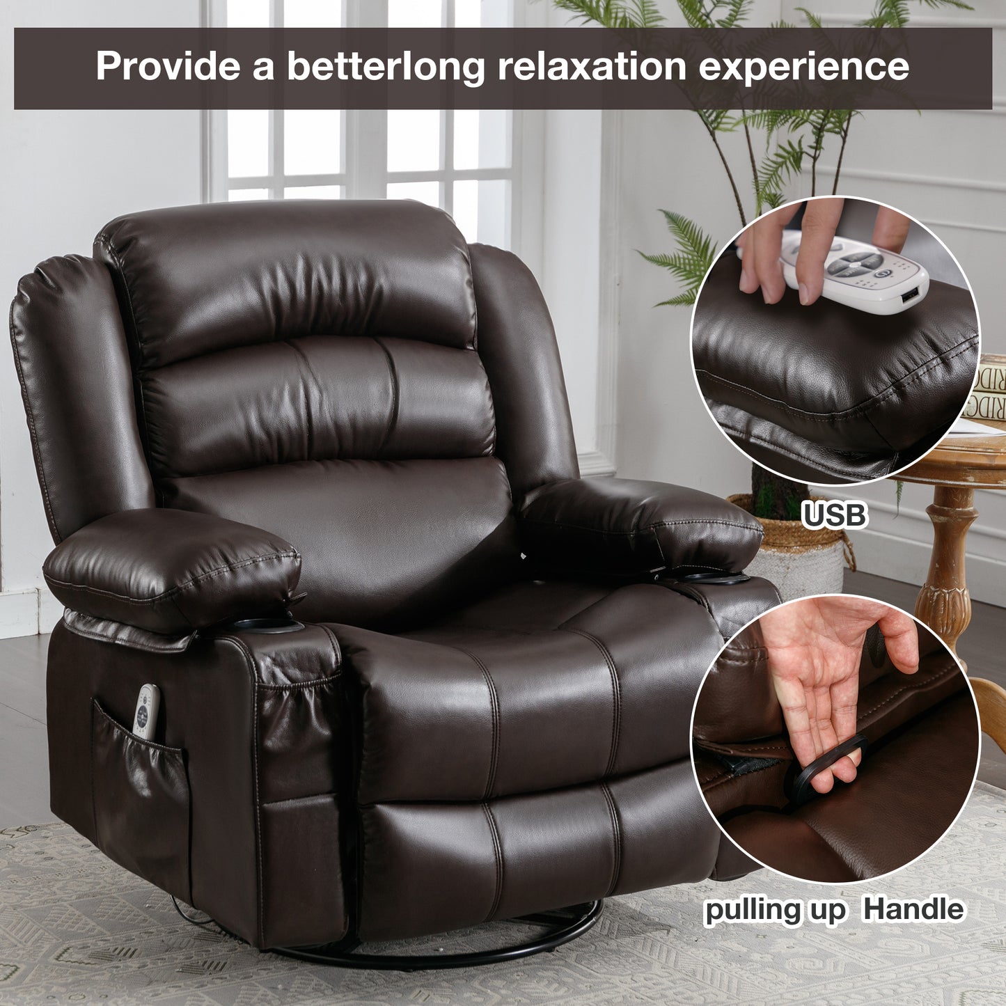 Manual Rocker Recliners, 360° Swivel Recliner Chair for Living Room, PU Leather Swivel Rocker Recliner with Massage and Heat, Home Theater Rocking Recliner with Cup Holder, Brown
