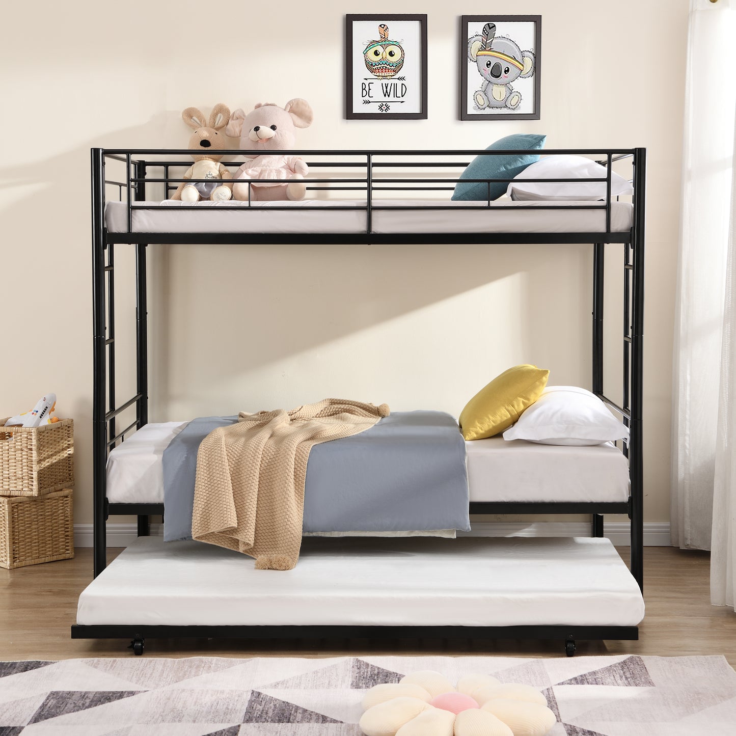 Black Bunk Bed for Kids with Trundle, Twin Over Twin Metal Bunk Bed for Small Room, Convertible Kids Bunk Beds No Box Spring Needed, Modern Kids Bedroom Furniture