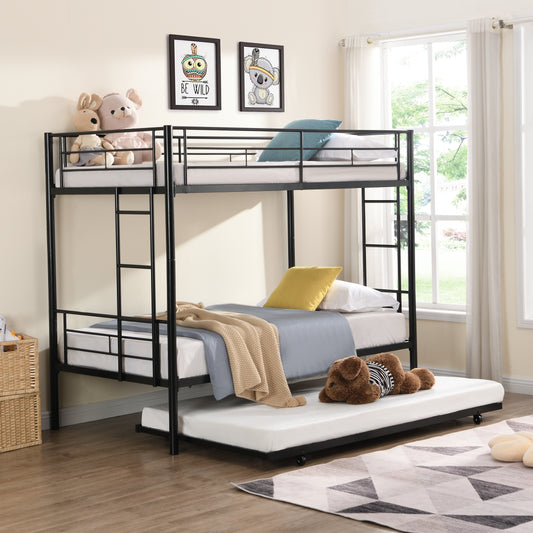 Black Bunk Bed for Kids with Trundle, Twin Over Twin Metal Bunk Bed for Small Room, Convertible Kids Bunk Beds No Box Spring Needed, Modern Kids Bedroom Furniture