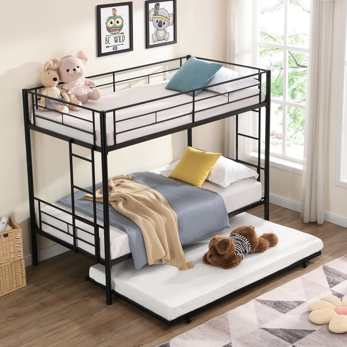 Black Bunk Bed for Kids with Trundle, Twin Over Twin Metal Bunk Bed for Small Room, Convertible Kids Bunk Beds No Box Spring Needed, Modern Kids Bedroom Furniture