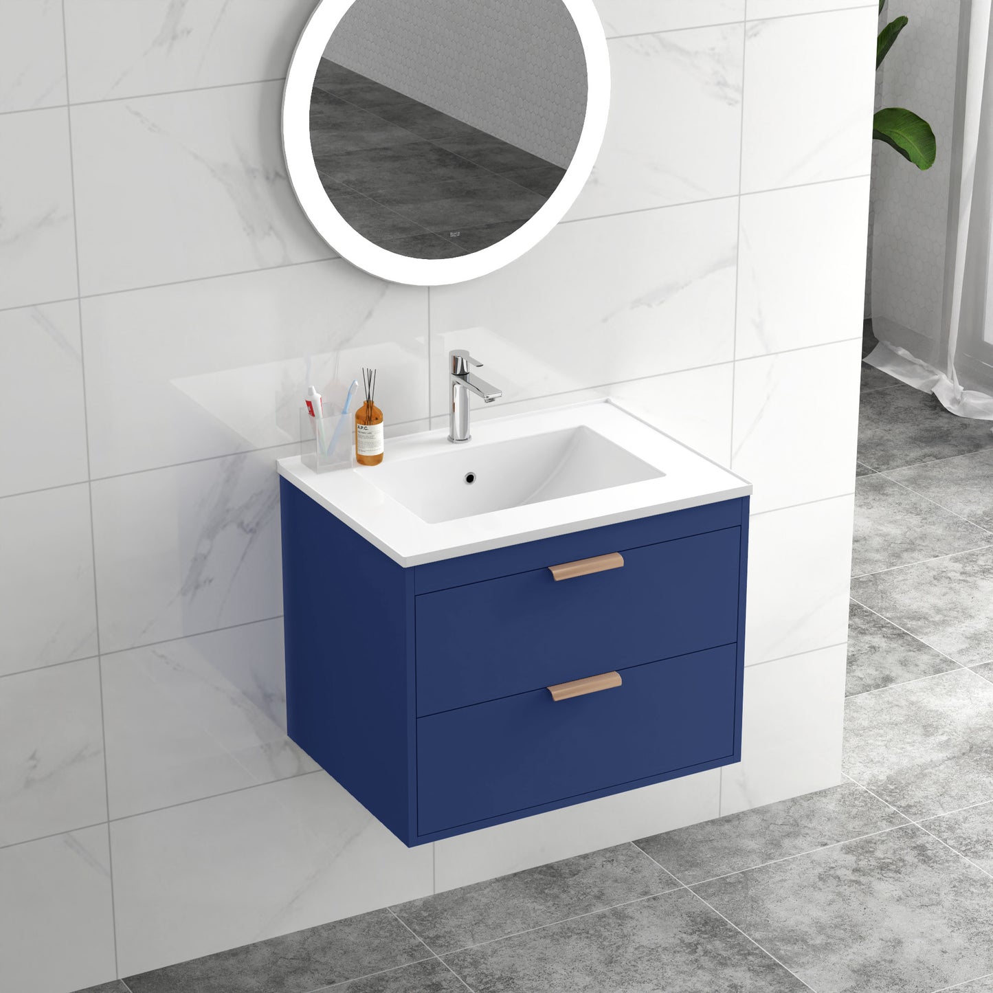 24" Floating Bathroom Vanity with Sink, Wall Mounted Single Ceramic Sink Bathroom Storage Vanity Cabinet, Modern Bathroom Sink Cabinet with Metal Handles